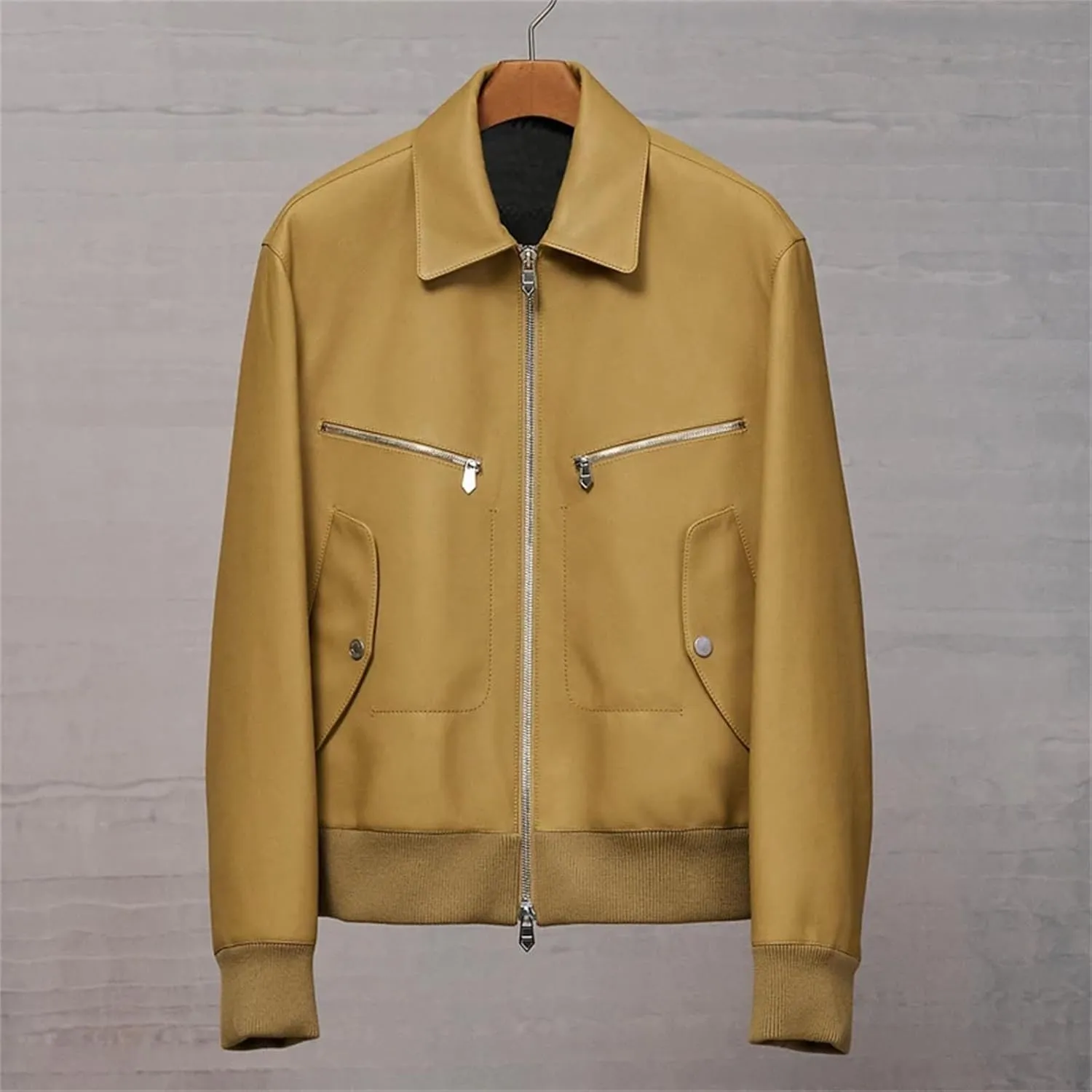 Men’s Custom Sheepskin Leather Jacket Vintage Yellow Slim Fit Year-Round Coat