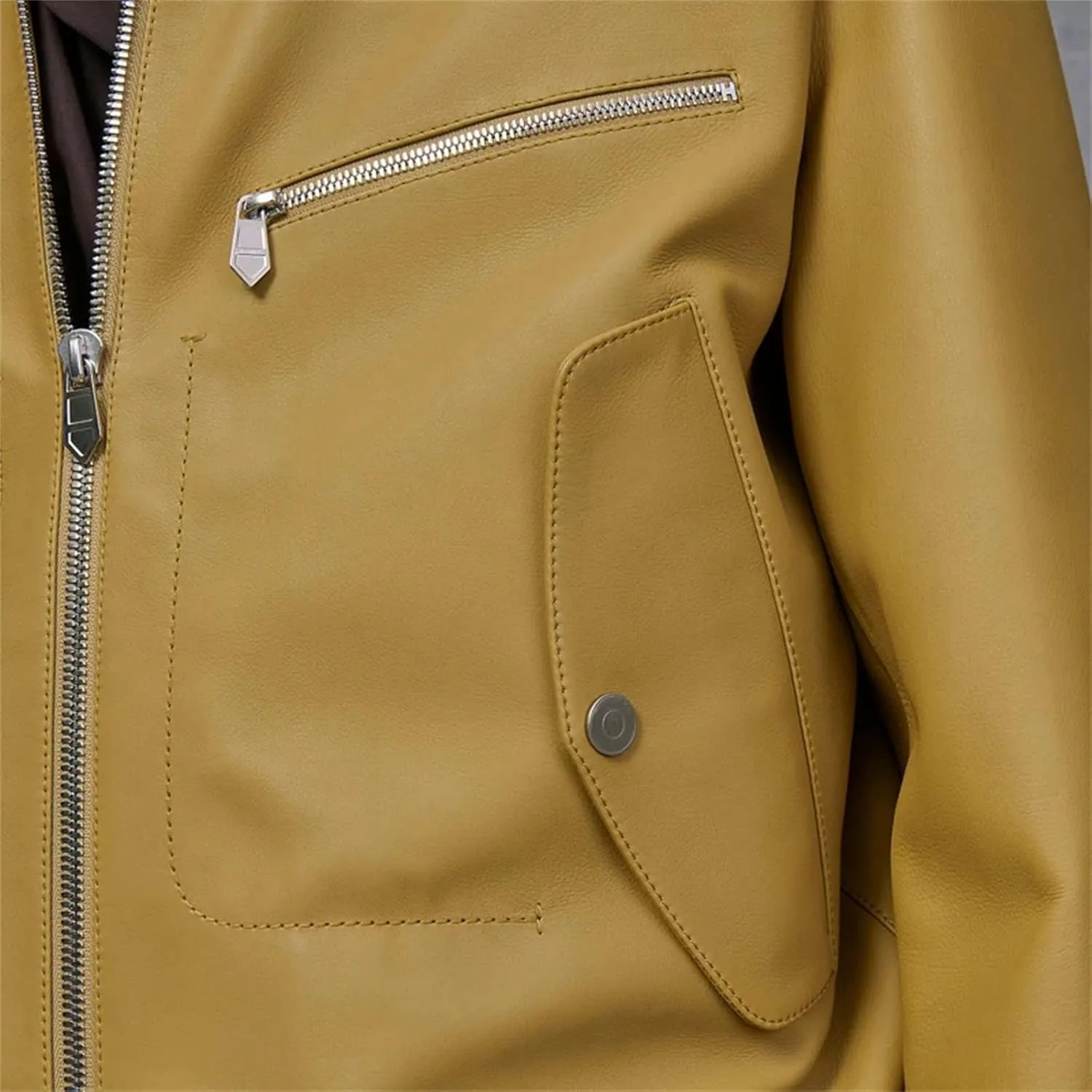 Men’s Custom Sheepskin Leather Jacket Vintage Yellow Slim Fit Year-Round Coat