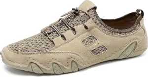 Men's Handmade Leather Mesh Trail Shoes for Walking Hiking Slip-on Summer Sports Shoes Breathable Non-Slip Sneakers