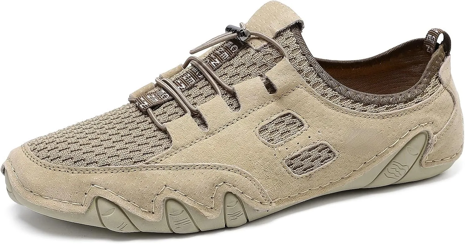 Men's Handmade Leather Mesh Trail Shoes for Walking Hiking Slip-on Summer Sports Shoes Breathable Non-Slip Sneakers