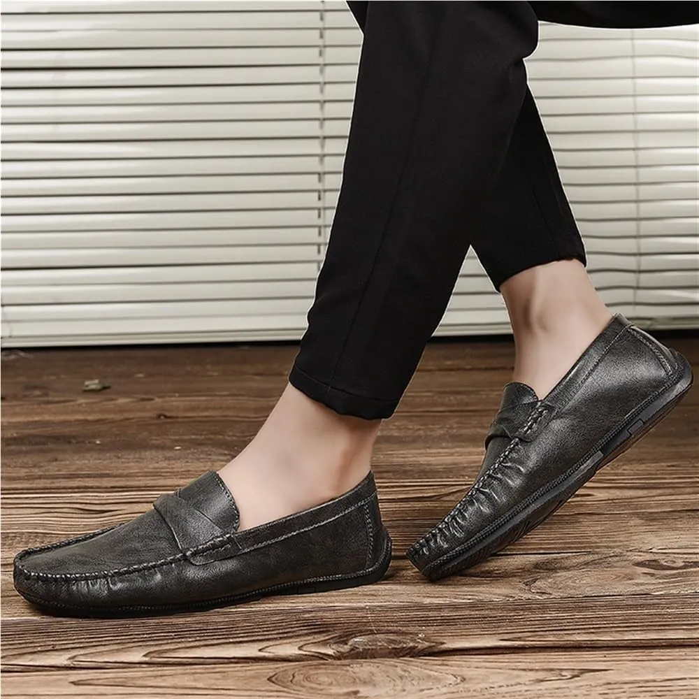 Mens Leather Slip On Outdoor Casual Breathable Loafers Simple Moccasins Lightweight Comfortable Wedding Shoes