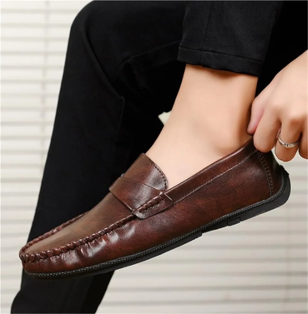 Mens Leather Slip On Outdoor Casual Breathable Loafers Simple Moccasins Lightweight Comfortable Wedding Shoes