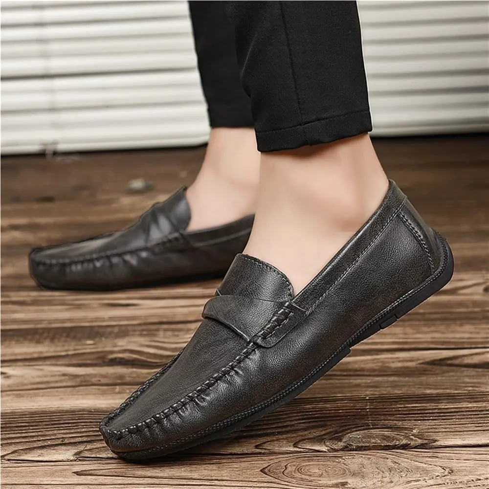Mens Leather Slip On Outdoor Casual Breathable Loafers Simple Moccasins Lightweight Comfortable Wedding Shoes