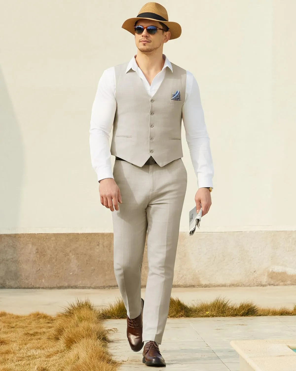 Men’s Linen Suit Slim Fit 2 Piece Lightweight Summer Suits Wedding Vest Pants Set with Pocket Square