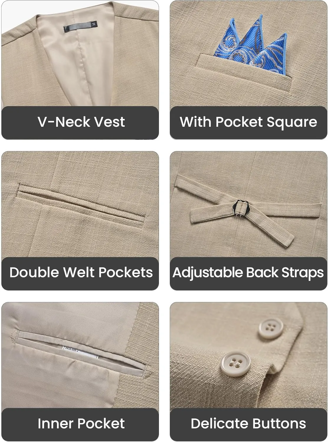 Men’s Linen Suit Slim Fit 2 Piece Lightweight Summer Suits Wedding Vest Pants Set with Pocket Square