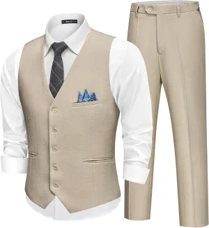 Men’s Linen Suit Slim Fit 2 Piece Lightweight Summer Suits Wedding Vest Pants Set with Pocket Square