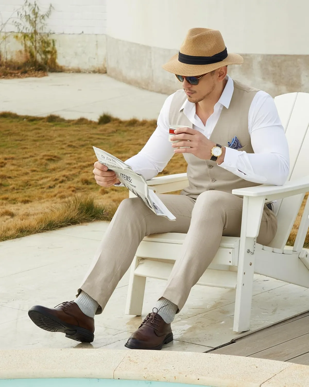 Men’s Linen Suit Slim Fit 2 Piece Lightweight Summer Suits Wedding Vest Pants Set with Pocket Square