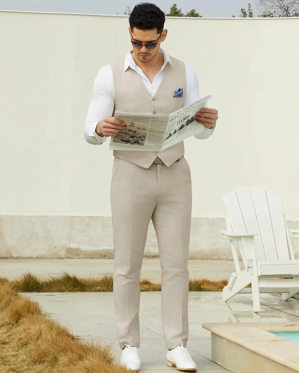 Men’s Linen Suit Slim Fit 2 Piece Lightweight Summer Suits Wedding Vest Pants Set with Pocket Square