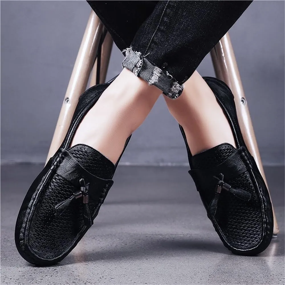 Mens Loafers Shoe Round Toe Solid Color Breathable with Tassel Flat Heel Comfortable Anti-Slip Prom Fashion Slip On