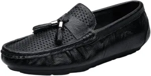 Mens Loafers Shoe Round Toe Solid Color Breathable with Tassel Flat Heel Comfortable Anti-Slip Prom Fashion Slip On