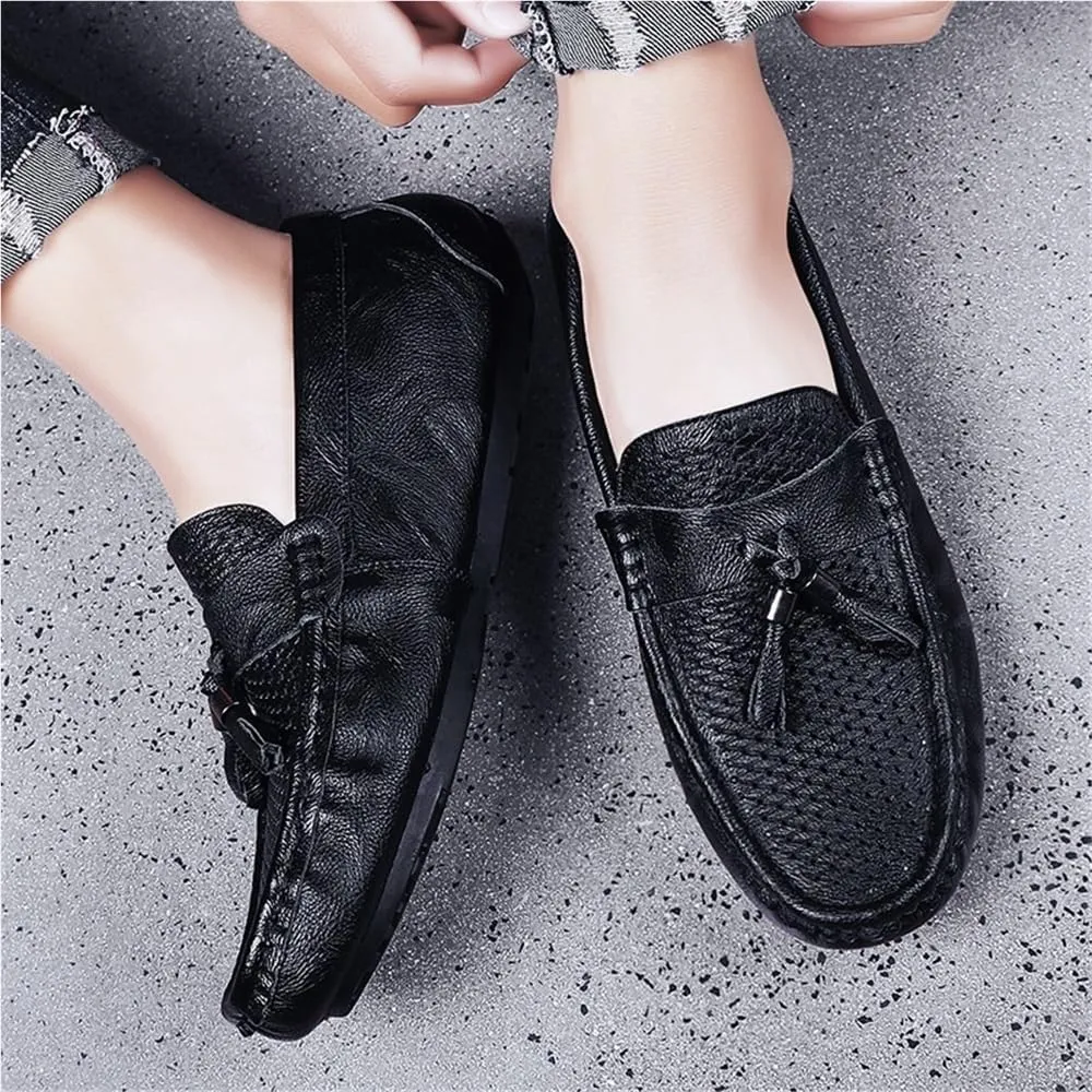Mens Loafers Shoe Round Toe Solid Color Breathable with Tassel Flat Heel Comfortable Anti-Slip Prom Fashion Slip On