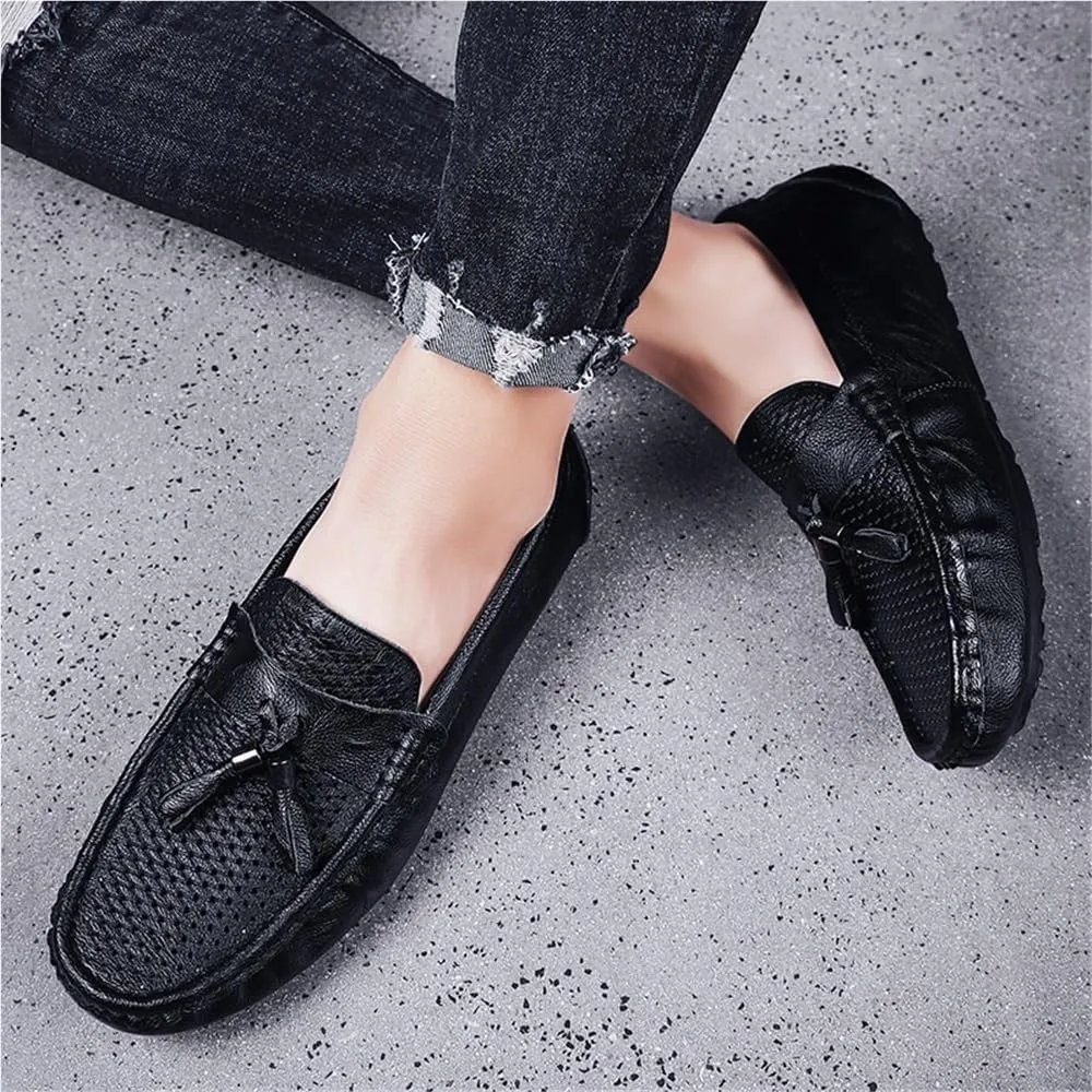 Mens Loafers Shoe Round Toe Solid Color Breathable with Tassel Flat Heel Comfortable Anti-Slip Prom Fashion Slip On