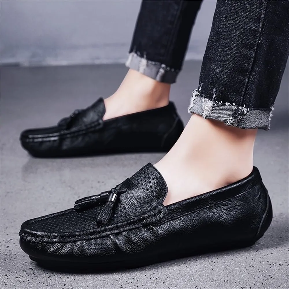 Mens Loafers Shoe Round Toe Solid Color Breathable with Tassel Flat Heel Comfortable Anti-Slip Prom Fashion Slip On
