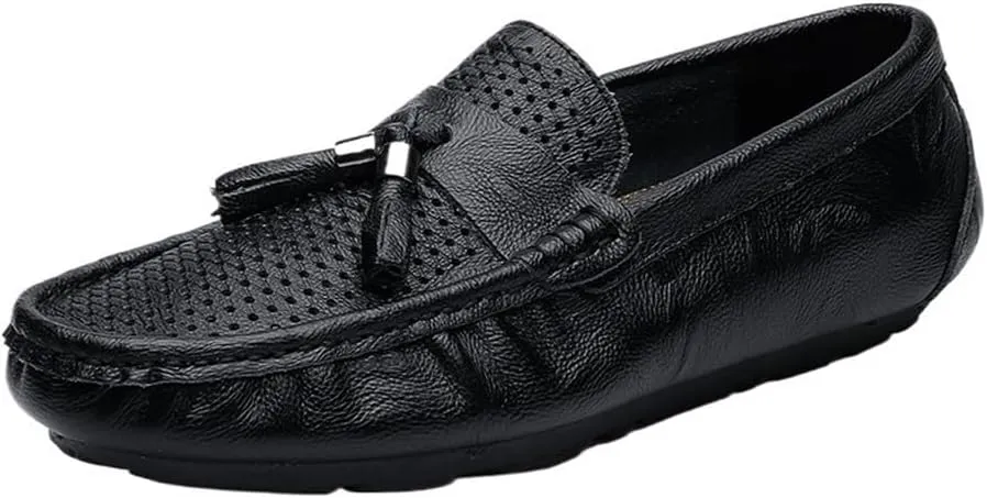 Mens Loafers Shoe Round Toe Solid Color Breathable with Tassel Flat Heel Comfortable Anti-Slip Prom Fashion Slip On