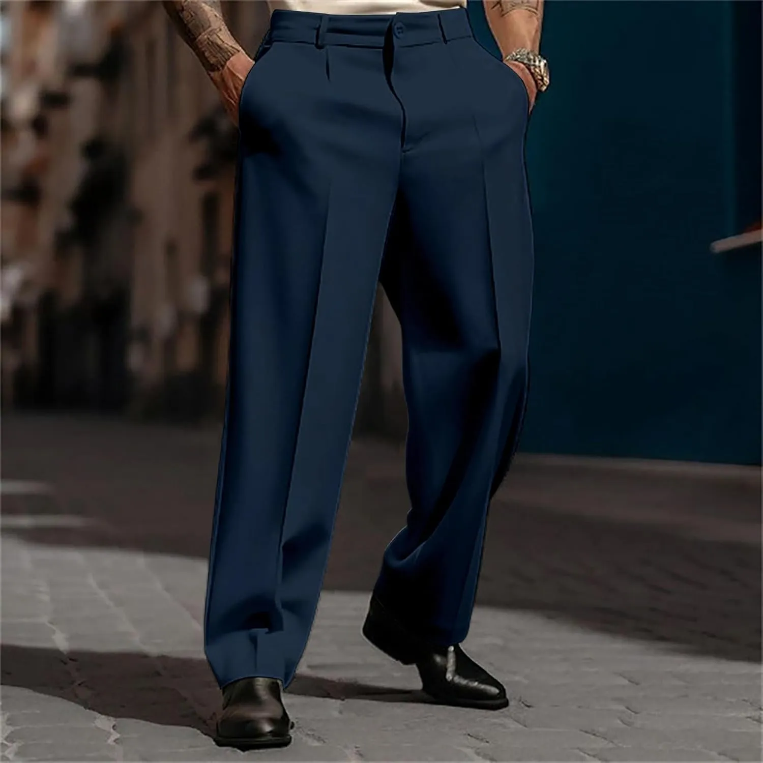 Mens Loose Fit Suit Dress Pants Casual Business Straight Leg Formal Pants Wrinkle Free Flat Front Work Trousers