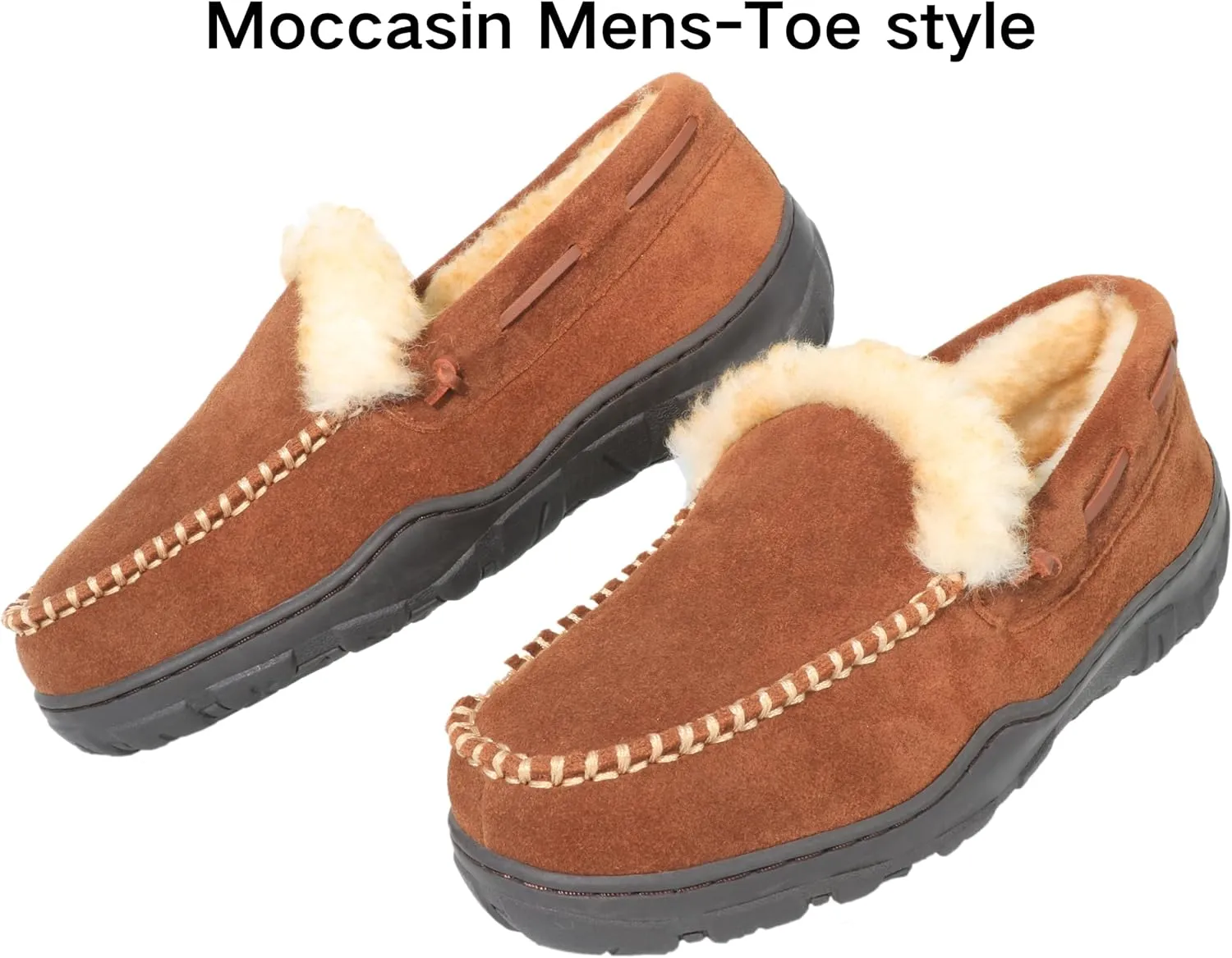 Men's Moccasin Slippers Genuine Suede Uppers Shearling Lining Memory Foam House Shoes, Indoor and Outdoor Warm Loafer