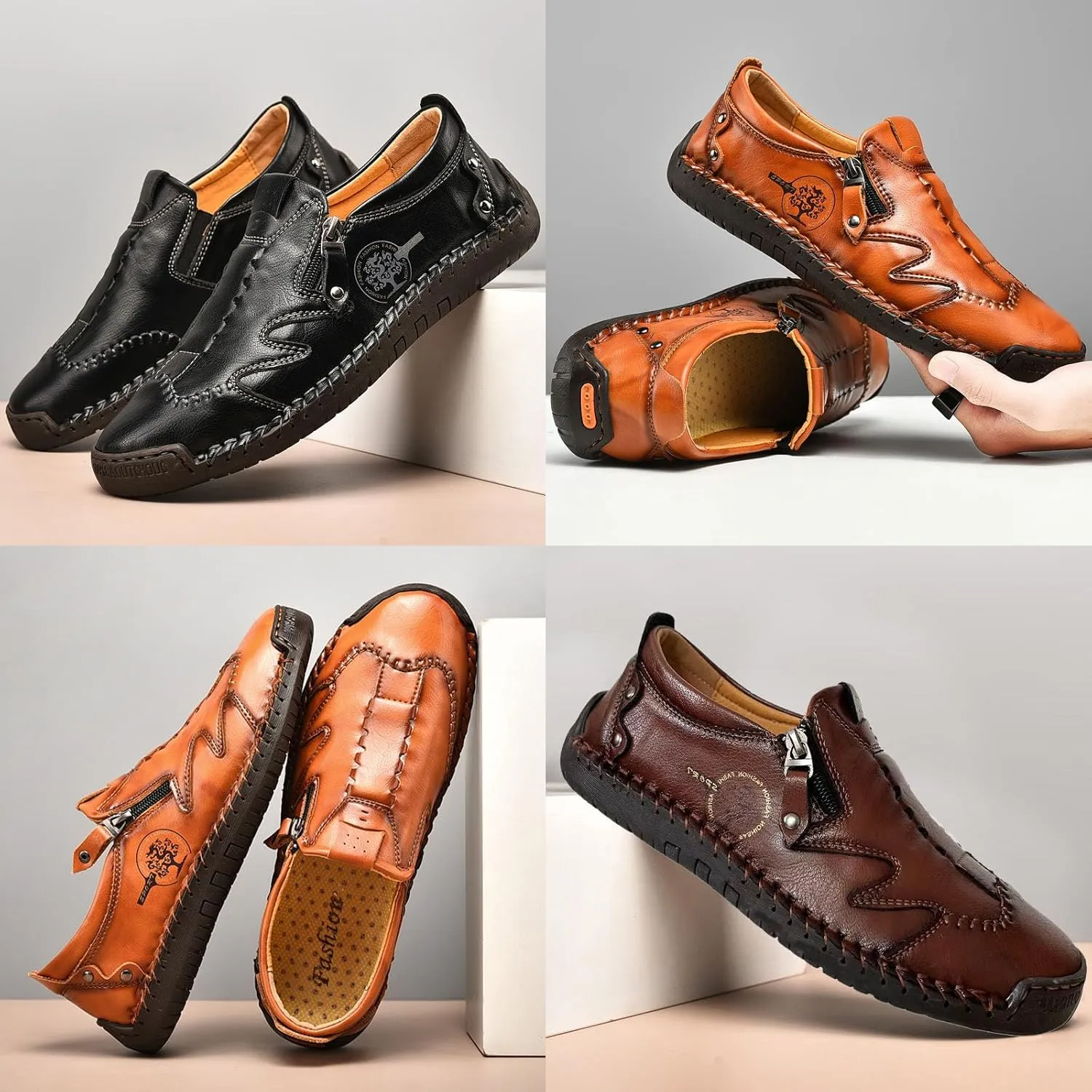 Men's Slip On Loafers Leather Casual Shoes,Lightweight Comfy Vintage Hand-Stitching Zip Driving Walking Sneakers