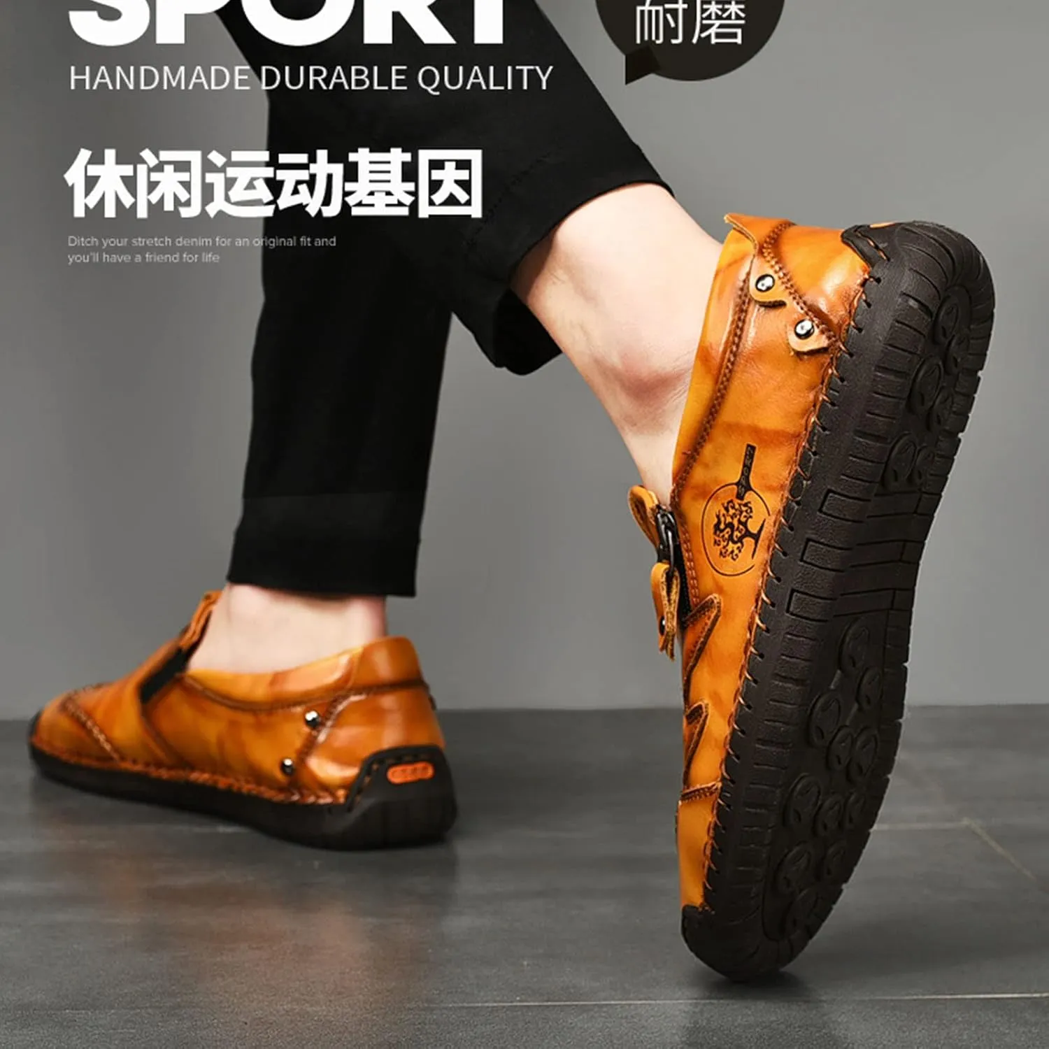 Men's Slip On Loafers Leather Casual Shoes,Lightweight Comfy Vintage Hand-Stitching Zip Driving Walking Sneakers
