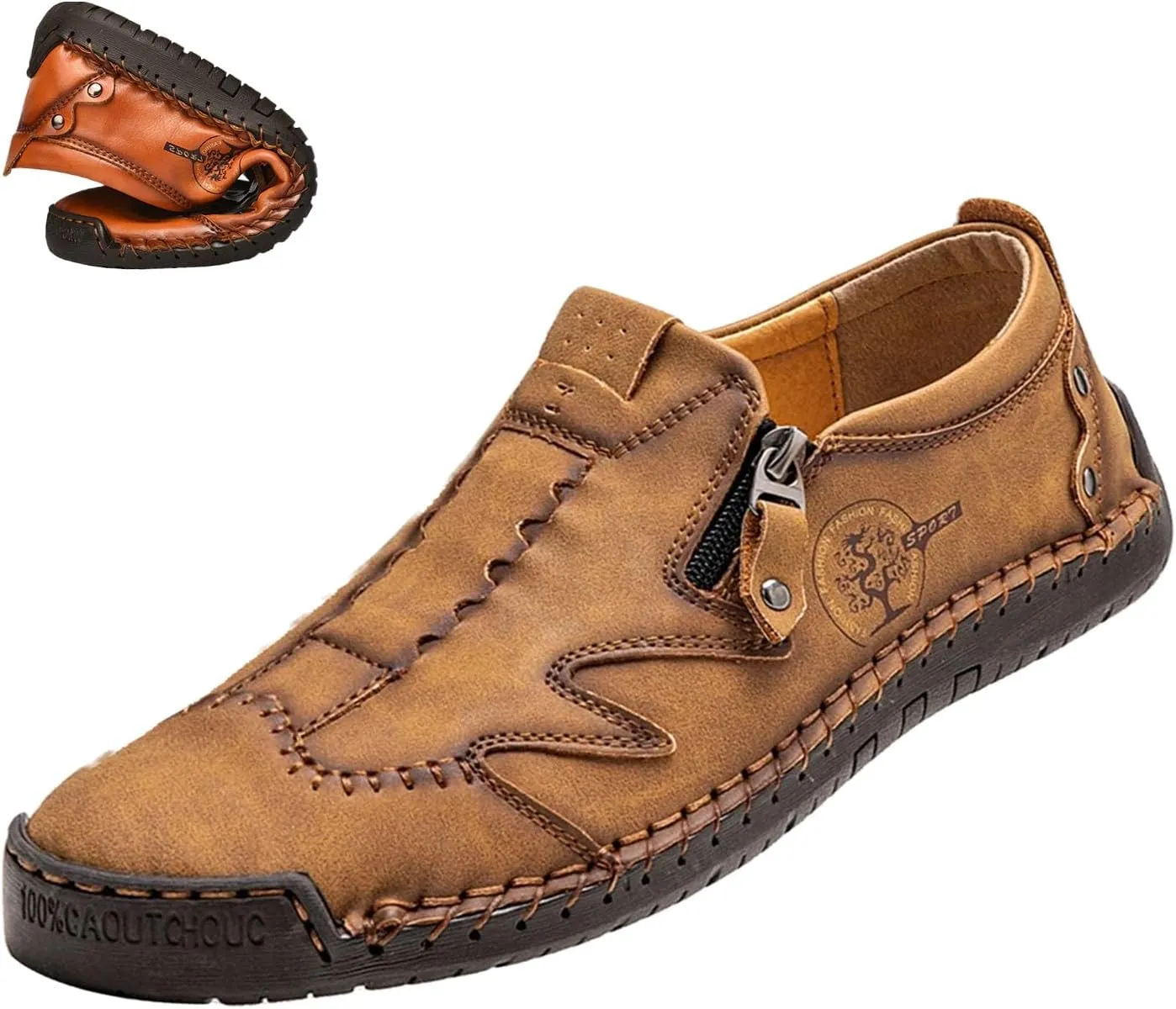 Men's Slip On Loafers Leather Casual Shoes,Lightweight Comfy Vintage Hand-Stitching Zip Driving Walking Sneakers