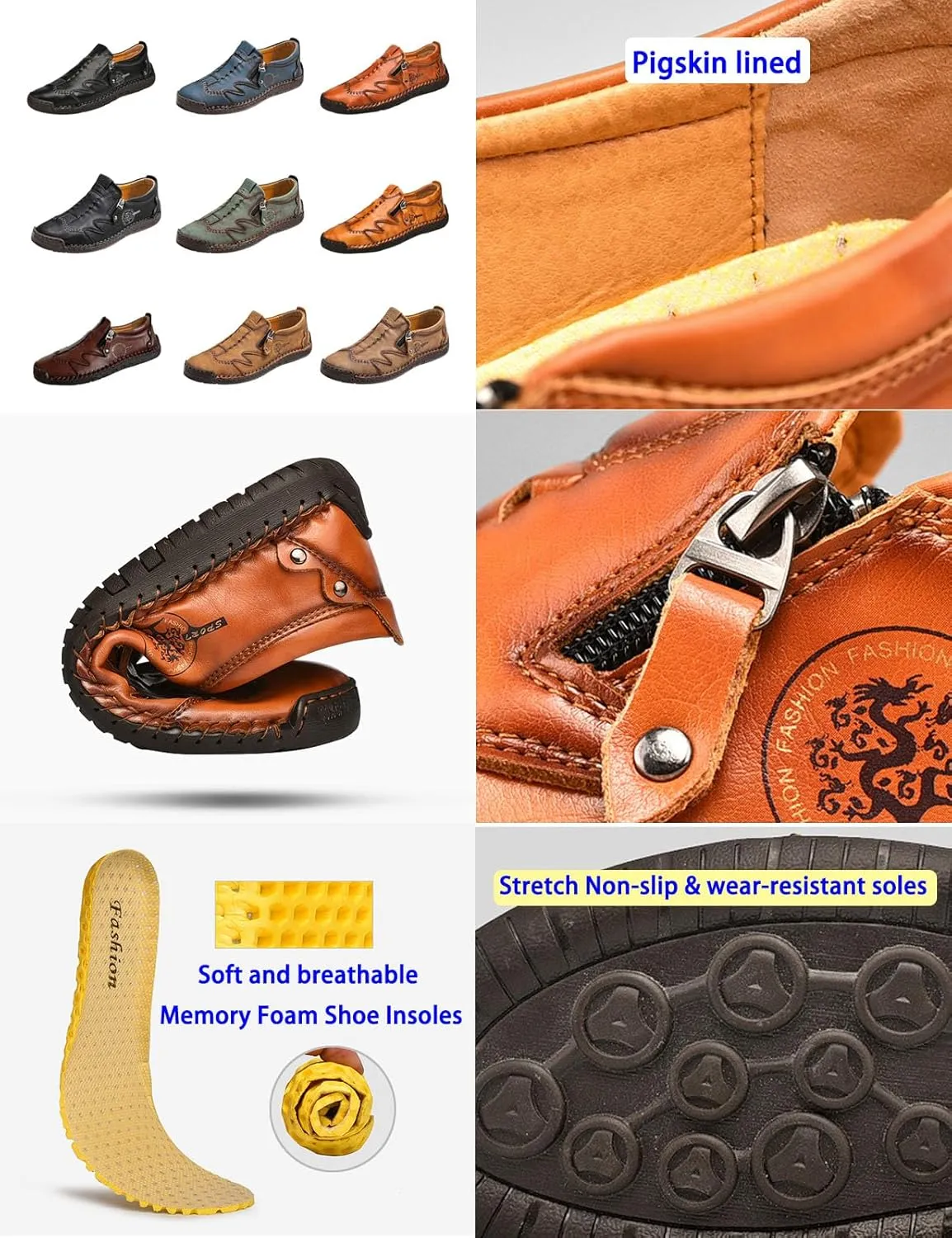 Men's Slip On Loafers Leather Casual Shoes,Lightweight Comfy Vintage Hand-Stitching Zip Driving Walking Sneakers