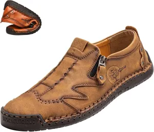 Men's Slip On Loafers Leather Casual Shoes,Lightweight Comfy Vintage Hand-Stitching Zip Driving Walking Sneakers