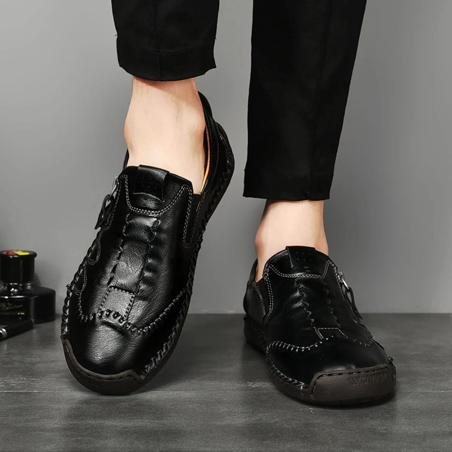 Men's Slip On Loafers Leather Casual Shoes,Lightweight Comfy Vintage Hand-Stitching Zip Driving Walking Sneakers