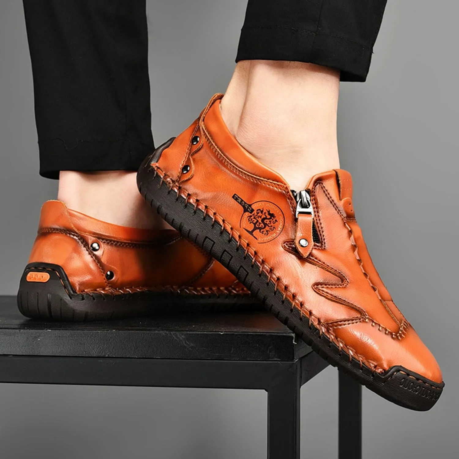 Men's Slip On Loafers Leather Casual Shoes,Lightweight Comfy Vintage Hand-Stitching Zip Driving Walking Sneakers