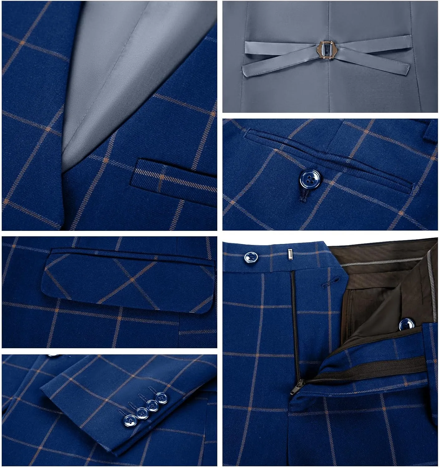 Mens Suit Plaid Slim Fit 3 Pieces Checked Casual Tuxedo Formal Suits for Men Wedding Business Party Blazer Vest Pants Set