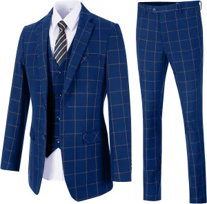 Mens Suit Plaid Slim Fit 3 Pieces Checked Casual Tuxedo Formal Suits for Men Wedding Business Party Blazer Vest Pants Set