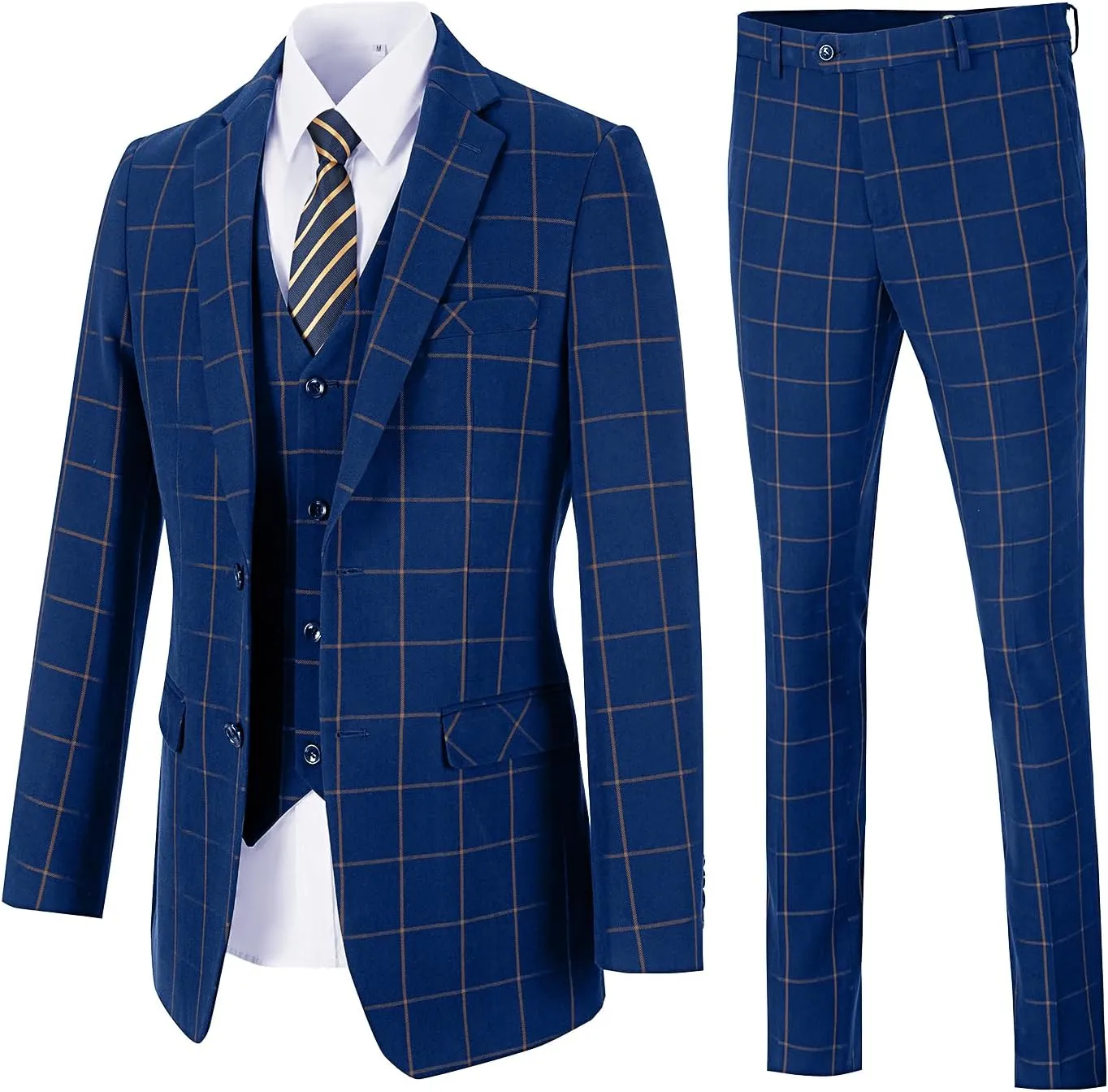 Mens Suit Plaid Slim Fit 3 Pieces Checked Casual Tuxedo Formal Suits for Men Wedding Business Party Blazer Vest Pants Set