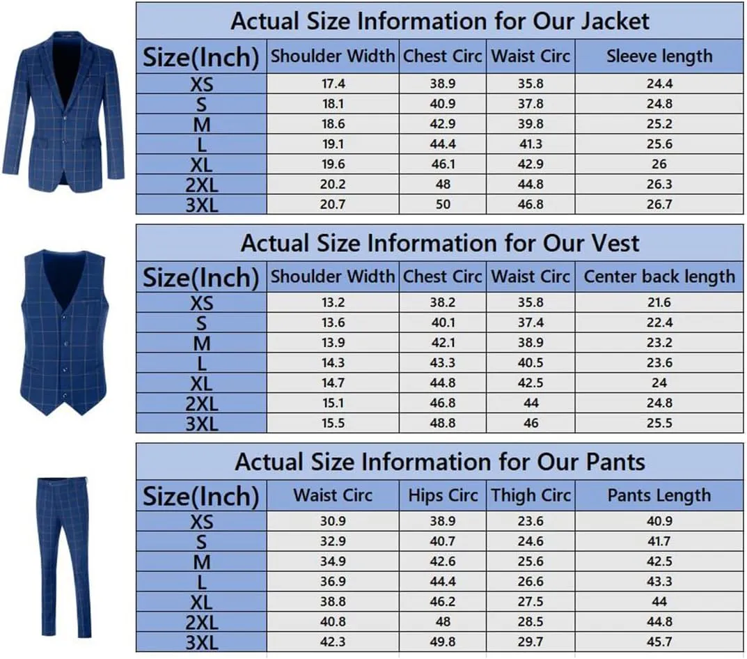 Mens Suit Plaid Slim Fit 3 Pieces Checked Casual Tuxedo Formal Suits for Men Wedding Business Party Blazer Vest Pants Set