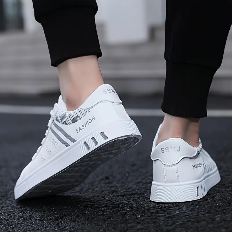 Men’s Trendy White Sports & Leisure Sneakers - Versatile Flat-Sole Board Shoes for Students Youth & Casual Wear