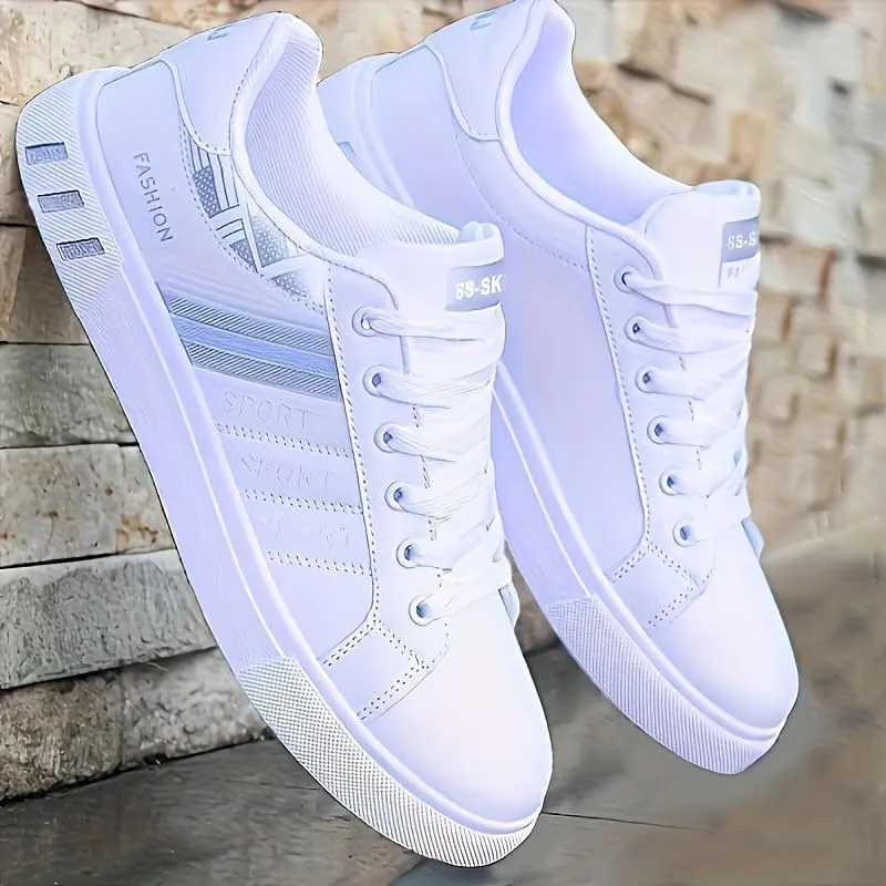 Men’s Trendy White Sports & Leisure Sneakers - Versatile Flat-Sole Board Shoes for Students Youth & Casual Wear