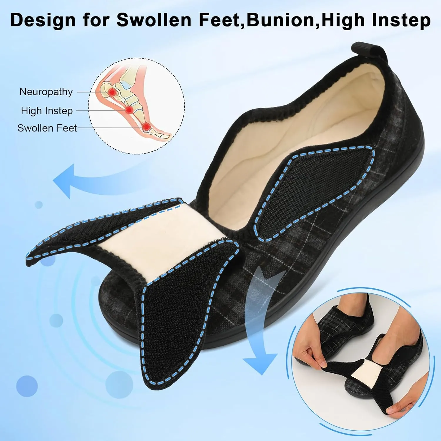 Mens Wide Slippers Comfy Diabetic Orthopedic Shoes Adjustable House Slippers Swollen Feet Walking Shoes