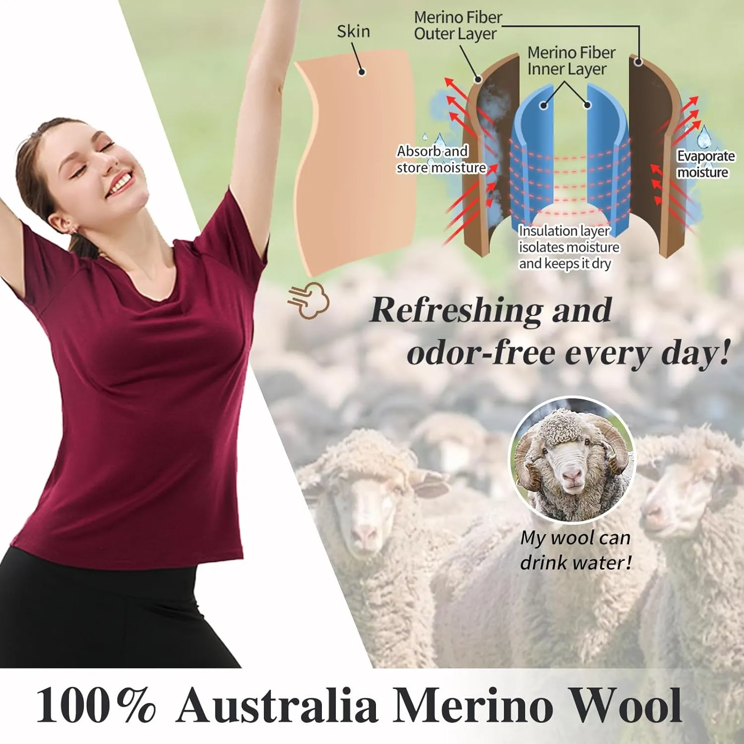 Merino Protect 100% Merino Wool V Neck T-Shirt for Women Short Sleeve Base Layers Odor Resistance Tops for Outdoor Hiking