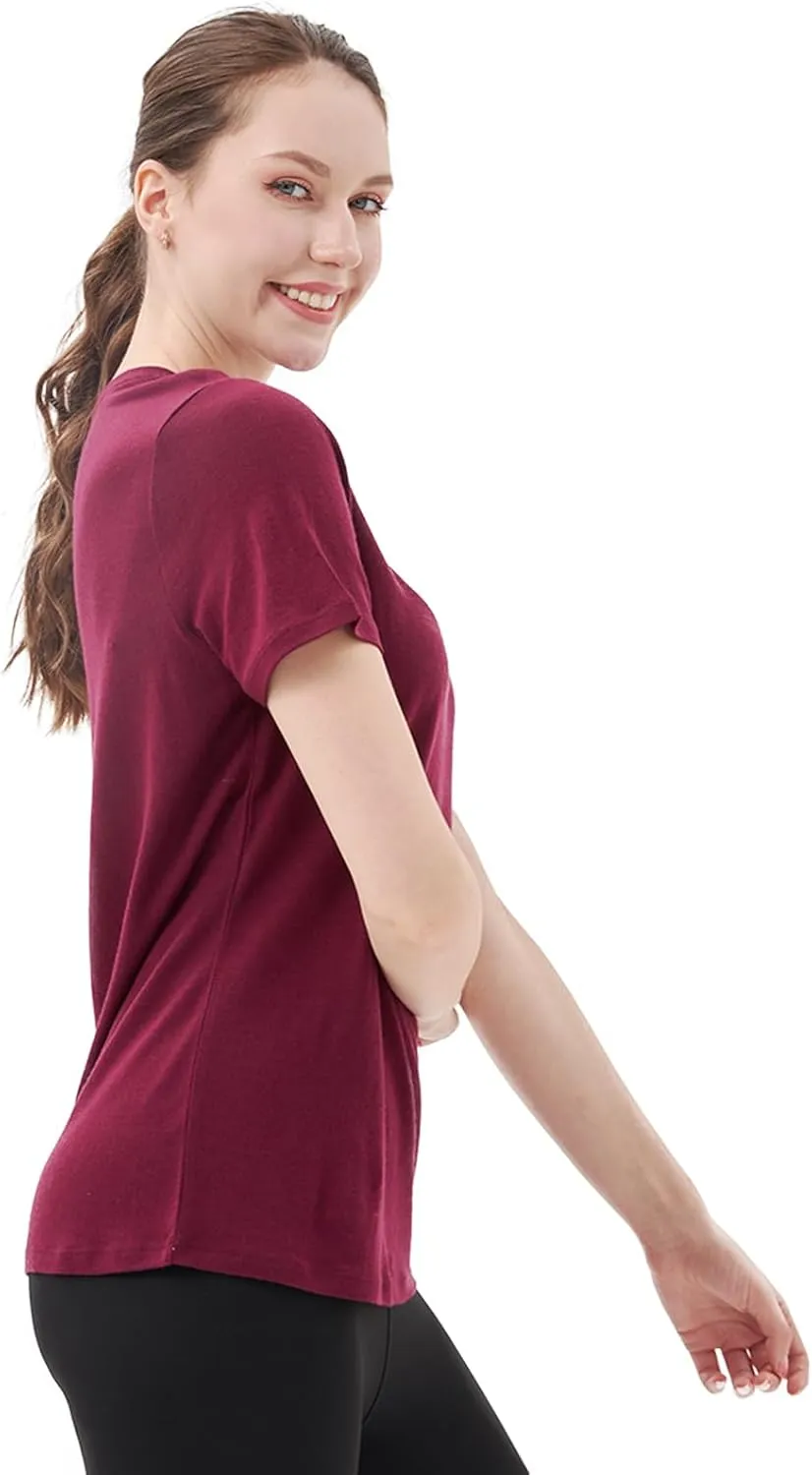 Merino Protect 100% Merino Wool V Neck T-Shirt for Women Short Sleeve Base Layers Odor Resistance Tops for Outdoor Hiking