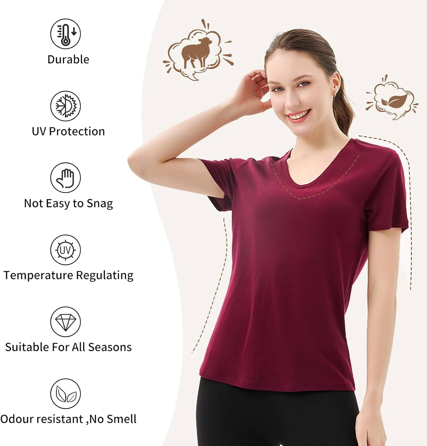 Merino Protect 100% Merino Wool V Neck T-Shirt for Women Short Sleeve Base Layers Odor Resistance Tops for Outdoor Hiking