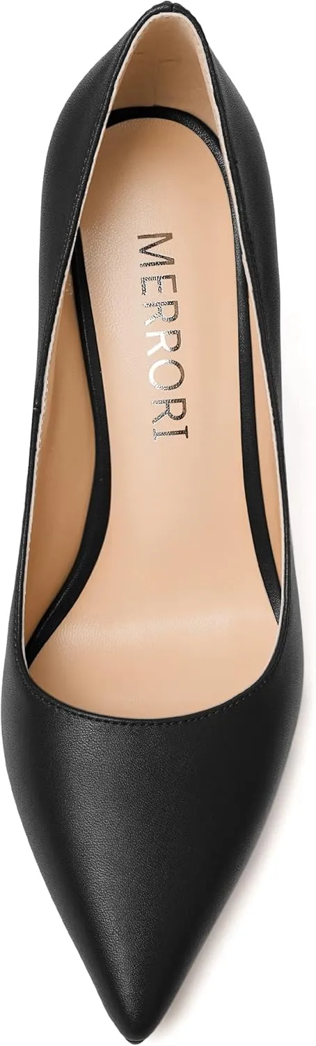 MERRORI Women's Chunky High Heels Slip On Block Pointed Toe Matte Dress Wedding Heel Pumps Shoes 4 Inch