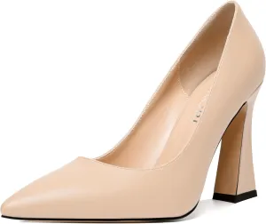 MERRORI Women's Chunky High Heels Slip On Block Pointed Toe Matte Dress Wedding Heel Pumps Shoes 4 Inch