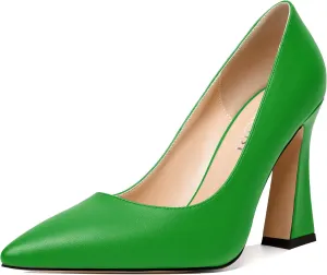 MERRORI Women's Chunky High Heels Slip On Block Pointed Toe Matte Dress Wedding Heel Pumps Shoes 4 Inch