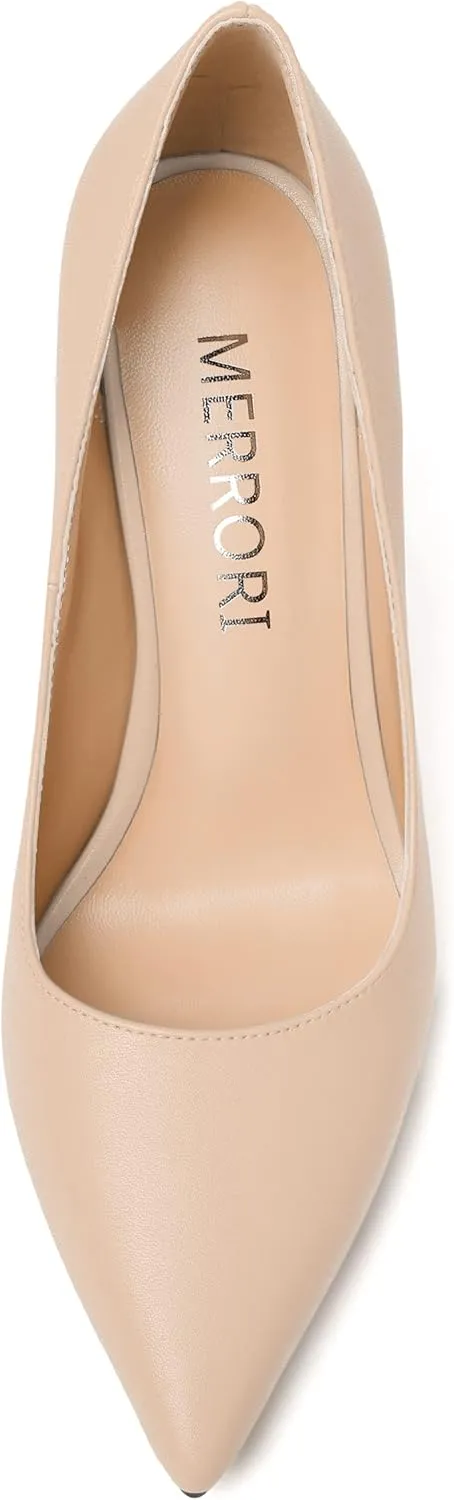 MERRORI Women's Chunky High Heels Slip On Block Pointed Toe Matte Dress Wedding Heel Pumps Shoes 4 Inch