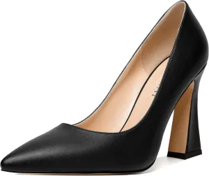 MERRORI Women's Chunky High Heels Slip On Block Pointed Toe Matte Dress Wedding Heel Pumps Shoes 4 Inch