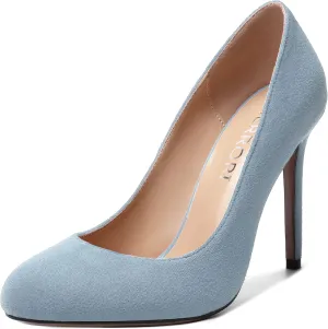 MERRORI Womens Slip On Classic Platform Round Toe Elegent Party Suede Stiletto High Heel Pumps Shoes 4 Inch