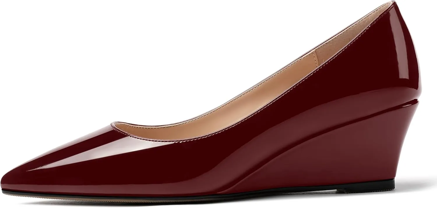 MERRORI Women's Slip On Patent Solid Square Toe Wedge Low Heel Pumps Shoes 2 Inch