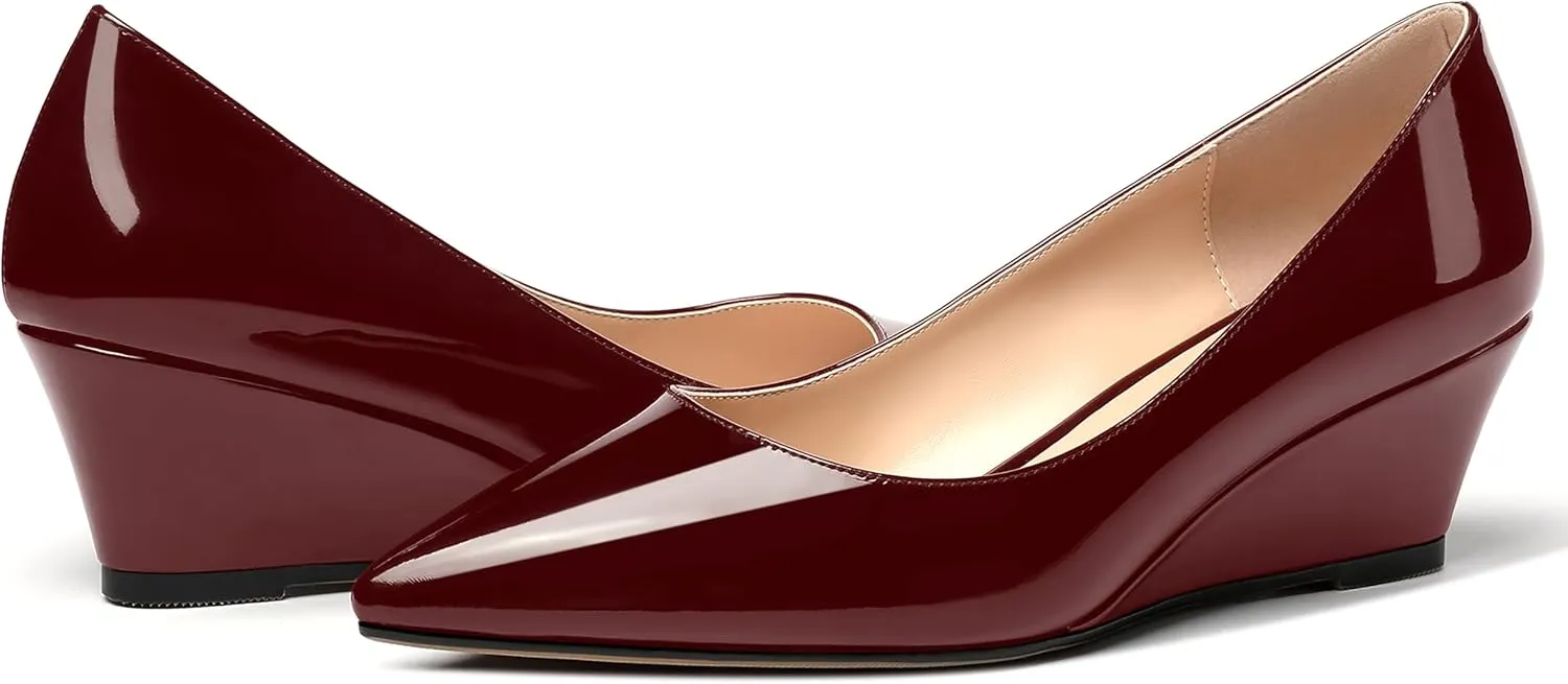 MERRORI Women's Slip On Patent Solid Square Toe Wedge Low Heel Pumps Shoes 2 Inch