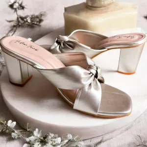 Metallic Knot Block Heels- Silver