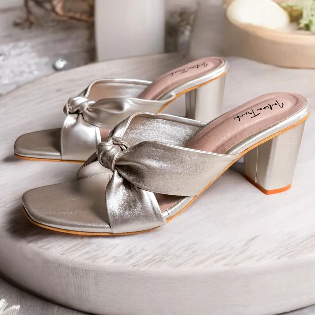 Metallic Knot Block Heels- Silver