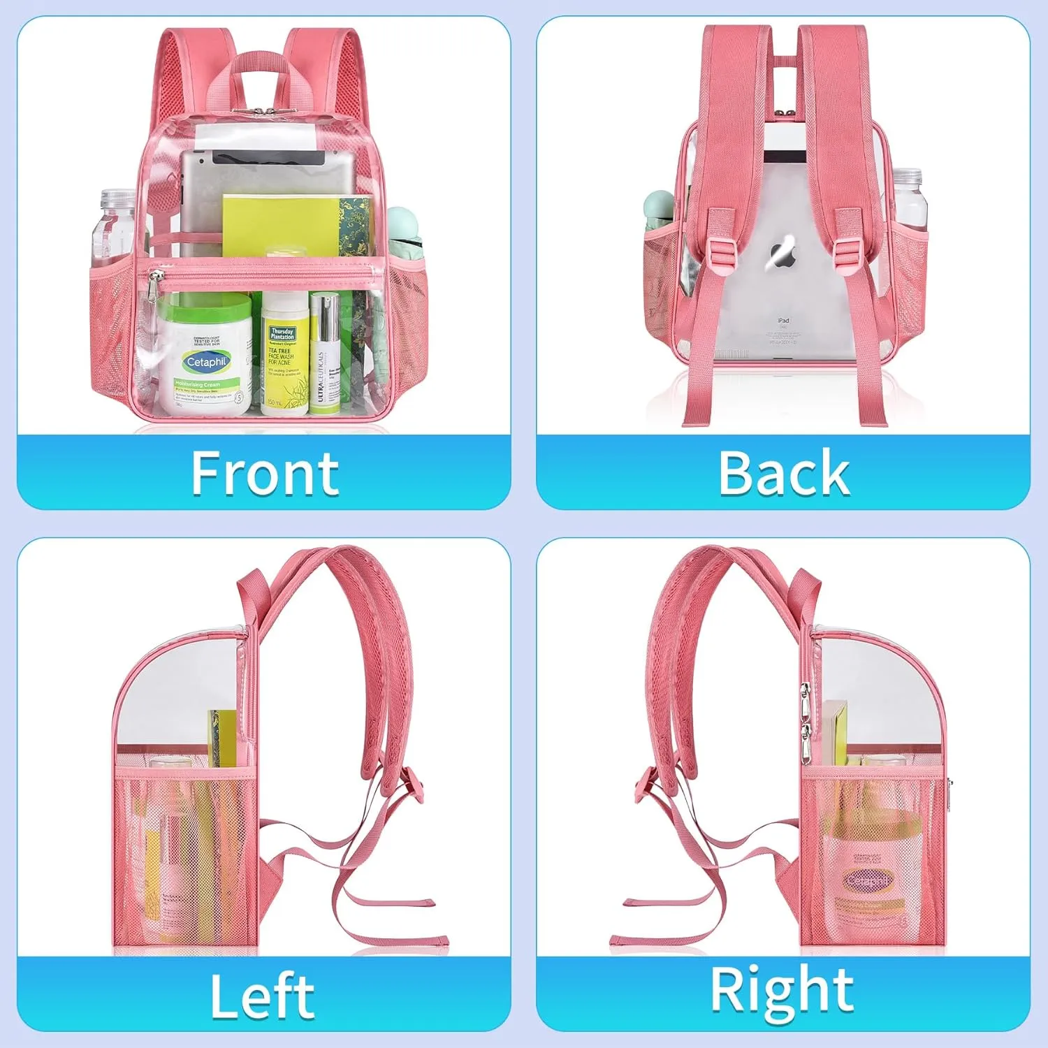 Mildbeer Small Clear Backpack, Stadium Approved 12x12x6 Clear Backpack for Women with 2 Bottle Holders for Festival Concert Sports Events