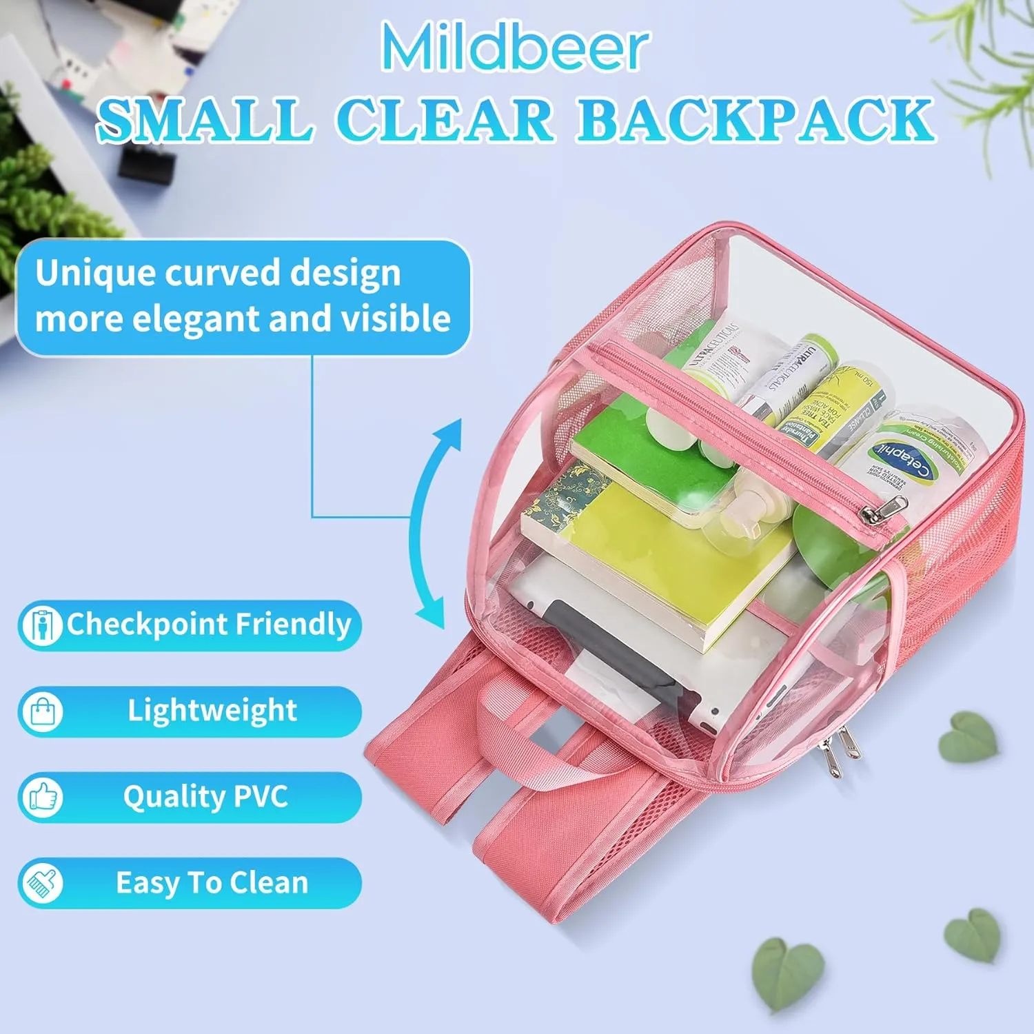 Mildbeer Small Clear Backpack, Stadium Approved 12x12x6 Clear Backpack for Women with 2 Bottle Holders for Festival Concert Sports Events