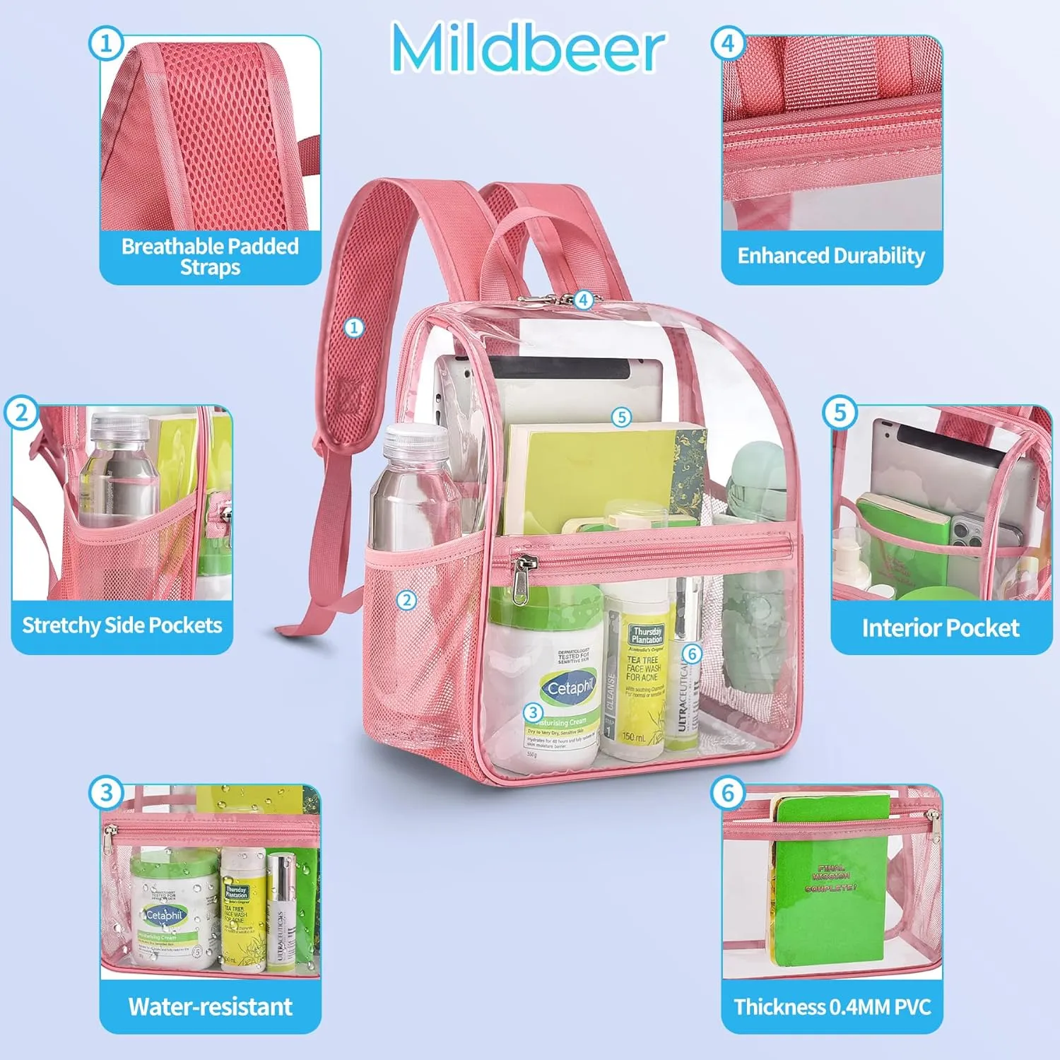 Mildbeer Small Clear Backpack, Stadium Approved 12x12x6 Clear Backpack for Women with 2 Bottle Holders for Festival Concert Sports Events